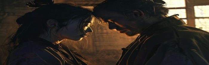 鬼父2核心冲突场景配图，展示主角在昏黄室内灯光下与女主对视的高张力瞬间，情绪压抑而浓烈